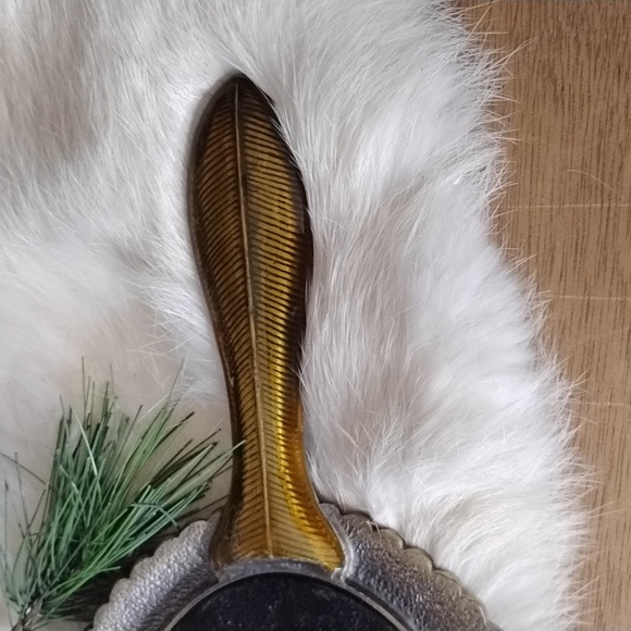 . Vintage Hand Held Mirror - Orange Brown Enameled w Rhinestones Vanity Mirror - Picture 9 of 9